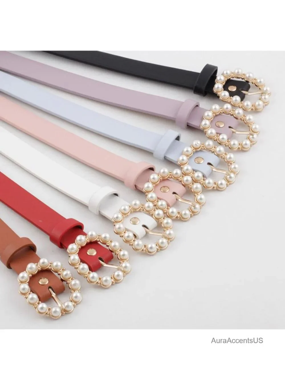 Pearl Buckle Skinny Belt Faux Leather Adjustable Women's
